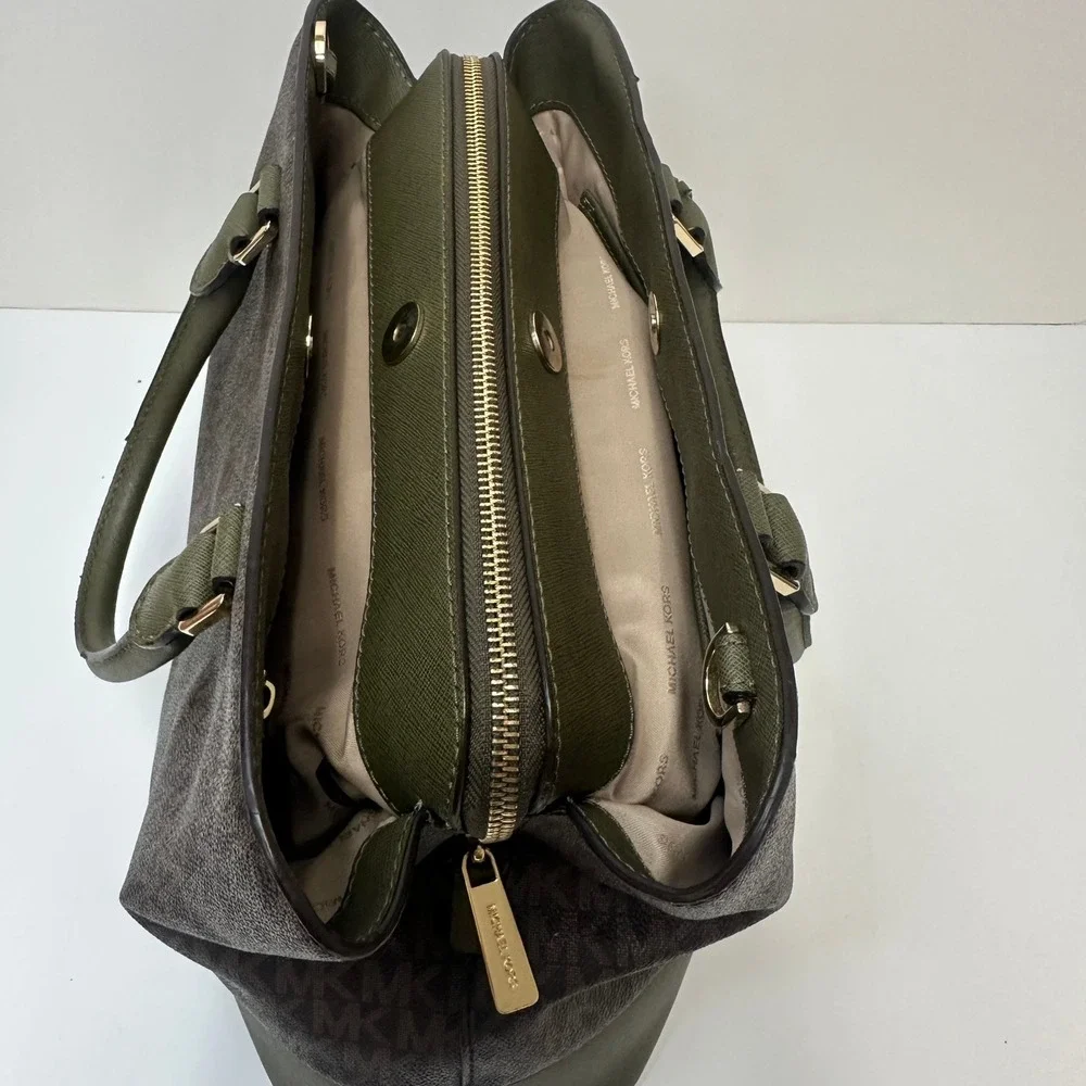 Michael Kors Signature Logo Satchel Brown Olive Green Two Tone Handbag Gold HW